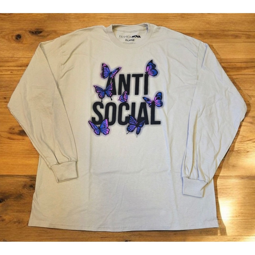 Fashion Nova‎ Long Sleeve Shirt Womens Sz XL Beige Anti-social Butterflies NWOT - Picture 2 of 7